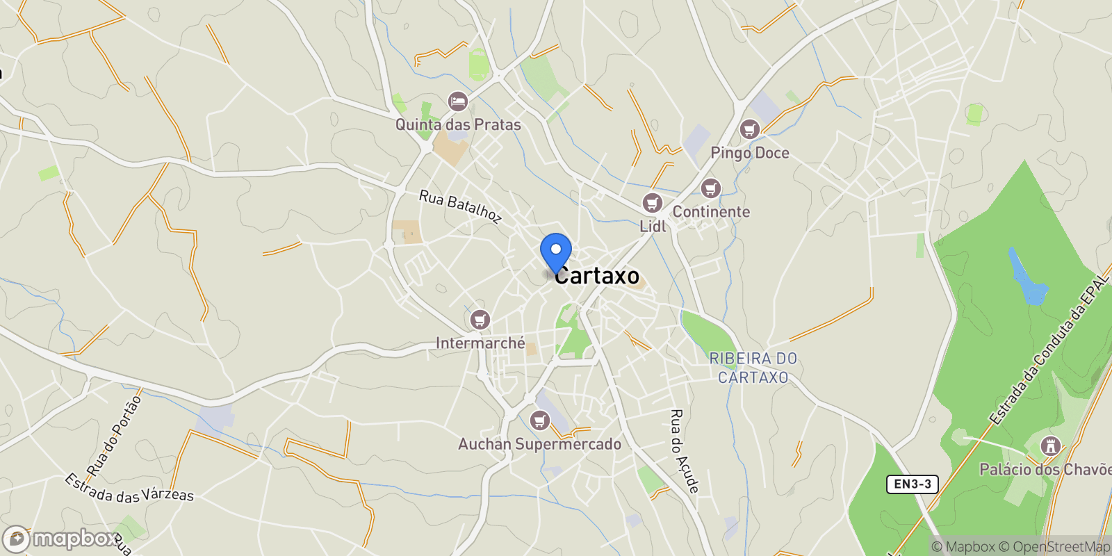 Map showing Vila Chã de Ourique, Cartaxo, Santarém, Cartaxo, Cartaxo e Vale da Pinta, Santarem District, Portugal.