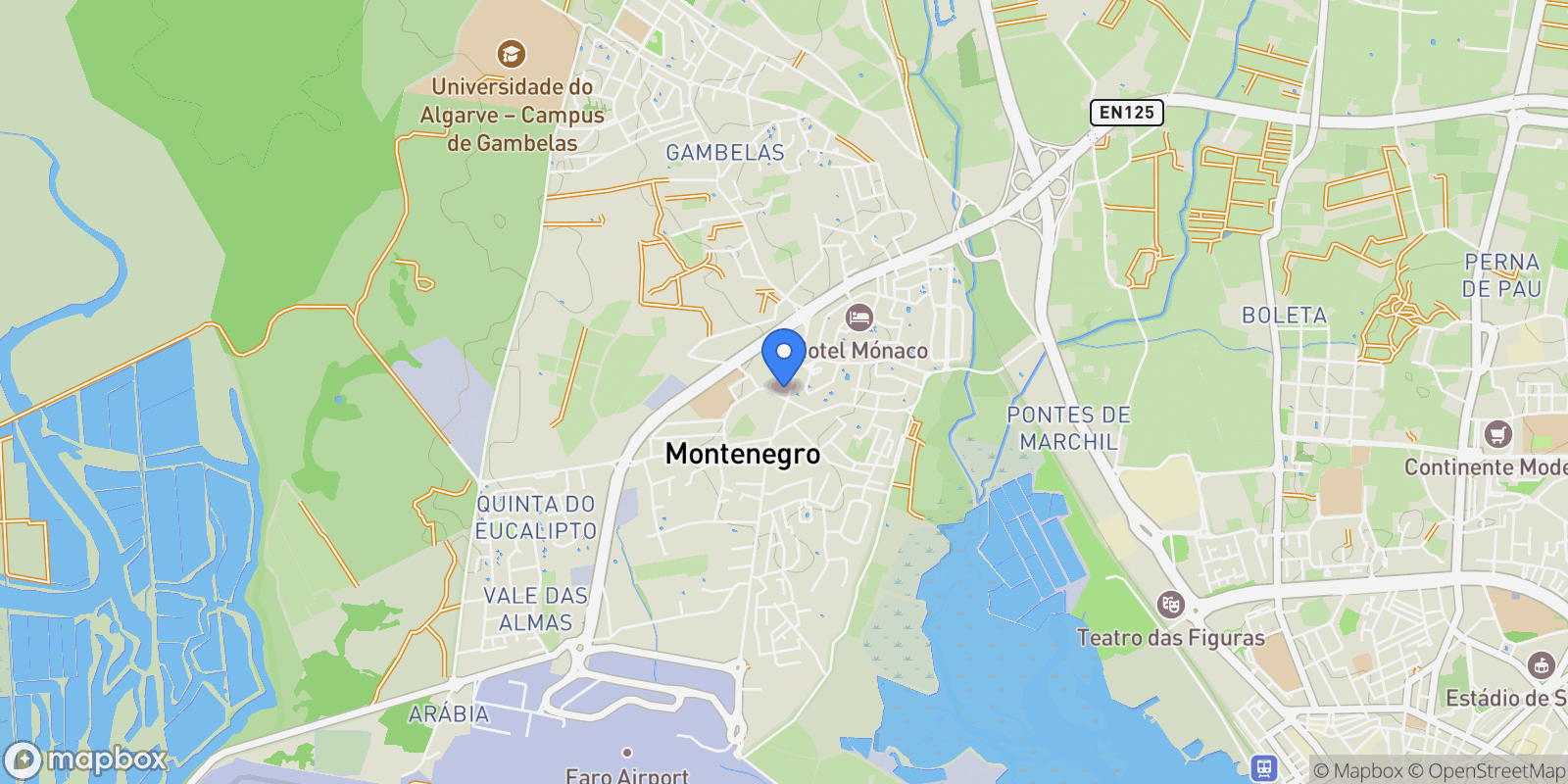 Map showing Montenegro, Faro, Faro, Faro, Montenegro, Algarve, Portugal.