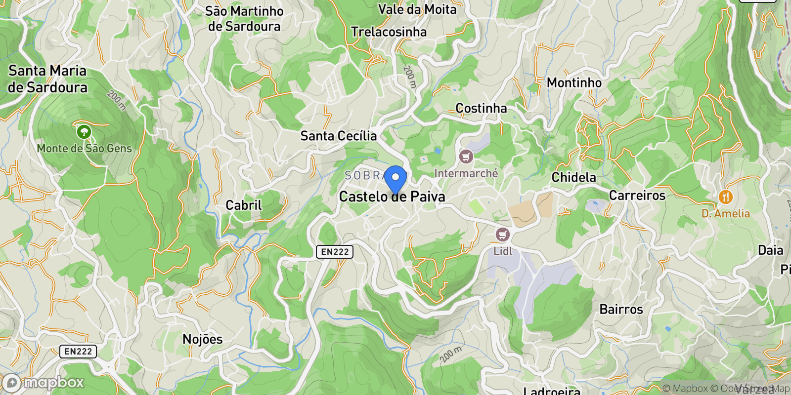 Map showing Real, Castelo de Paiva, Aveiro, Castelo de Paiva, Sobrado e Bairros, Aveiro District, Portugal.