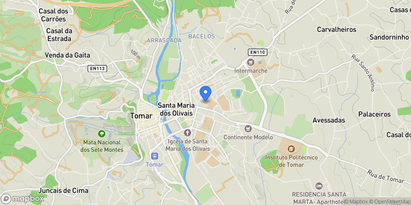 Map showing São Pedro de Tomar, Tomar, Santarém, Tomar, Tomar (Sao Joao Baptista) e Santa Maria dos Olivais, Santarem District, Portugal.