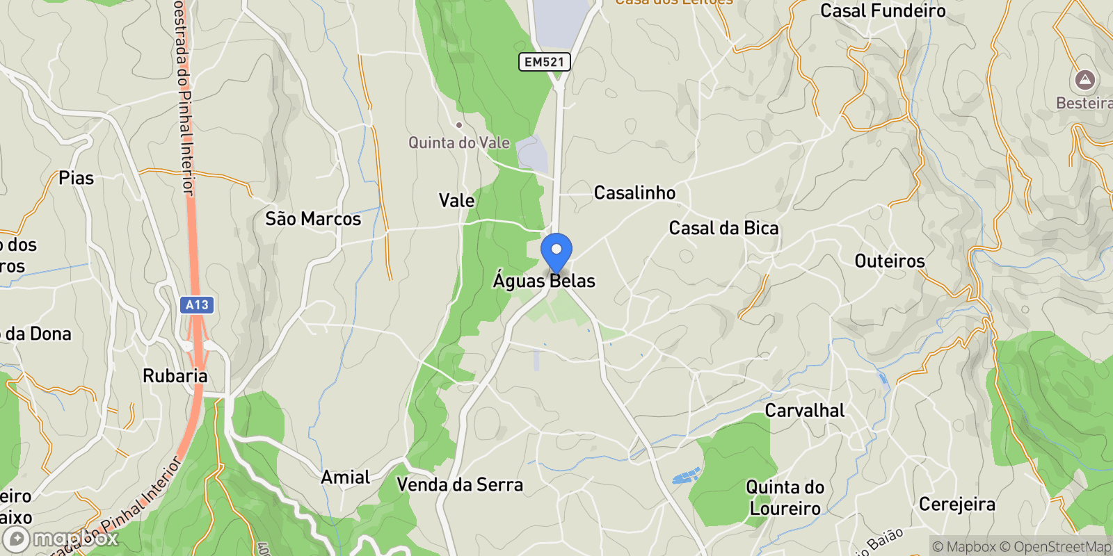 Map showing Carvalhal, Aguas Belas, Santarem District, Portugal.
