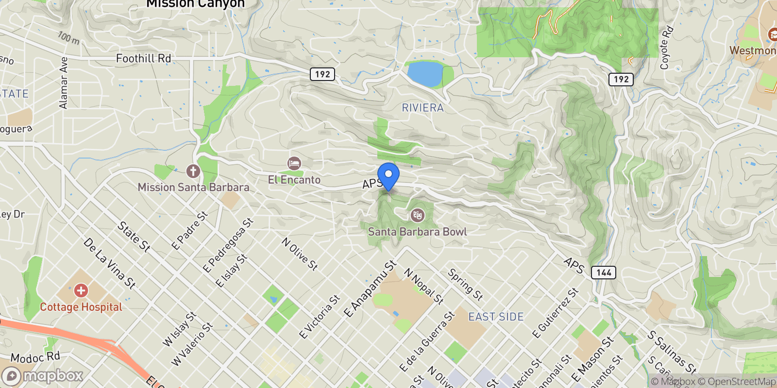 Map showing 1403 Alameda Padre Serra, Santa Barbara, California, United States.