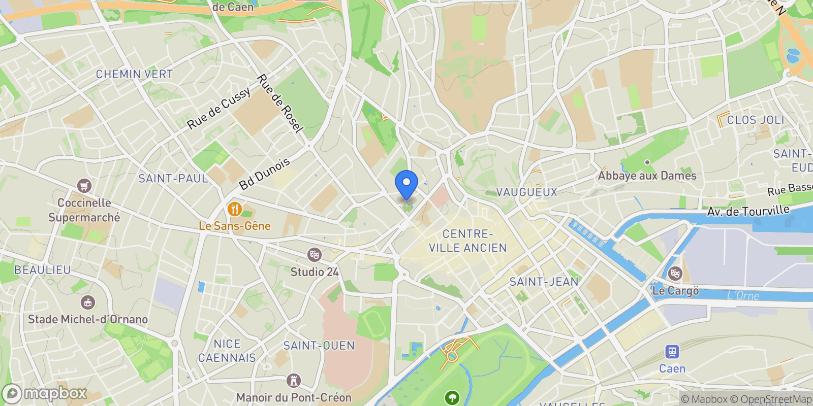 Map showing Caen, Normandy, France.