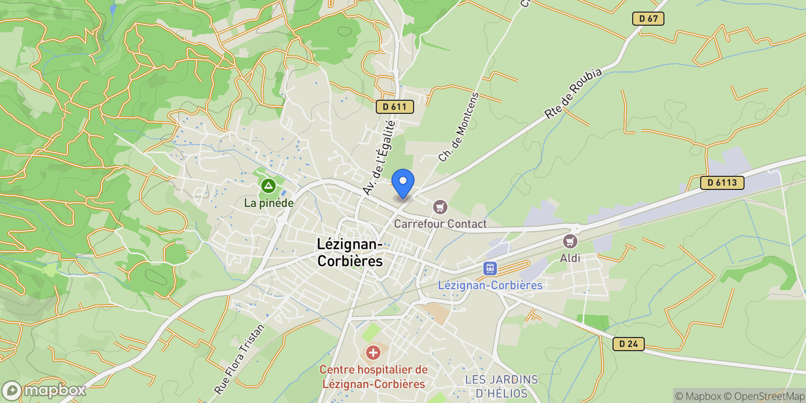 Map showing Lézignan-Corbières, Occitanie, France.