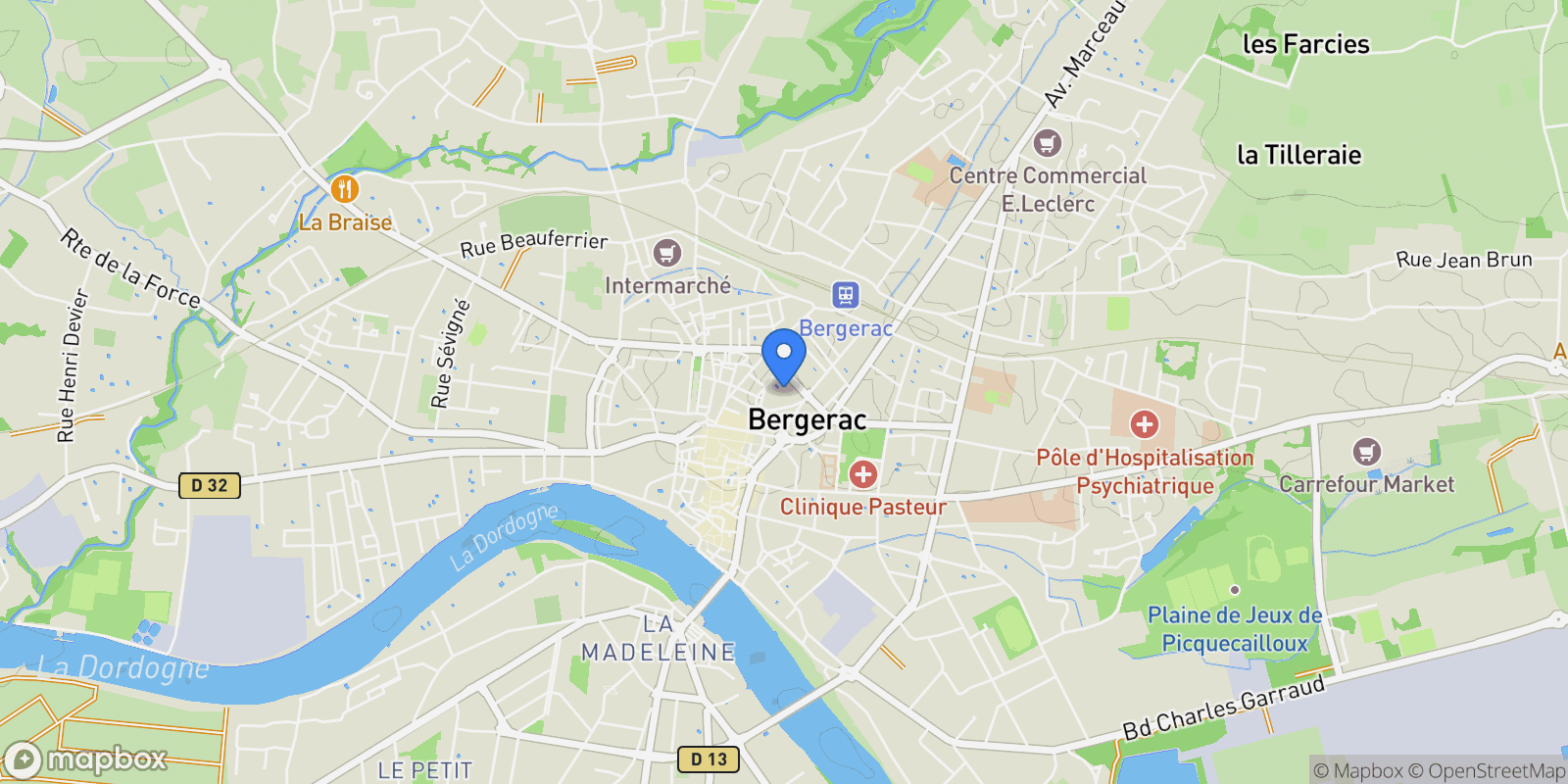 Map showing Bergerac, Nouvelle-Aquitaine, France.