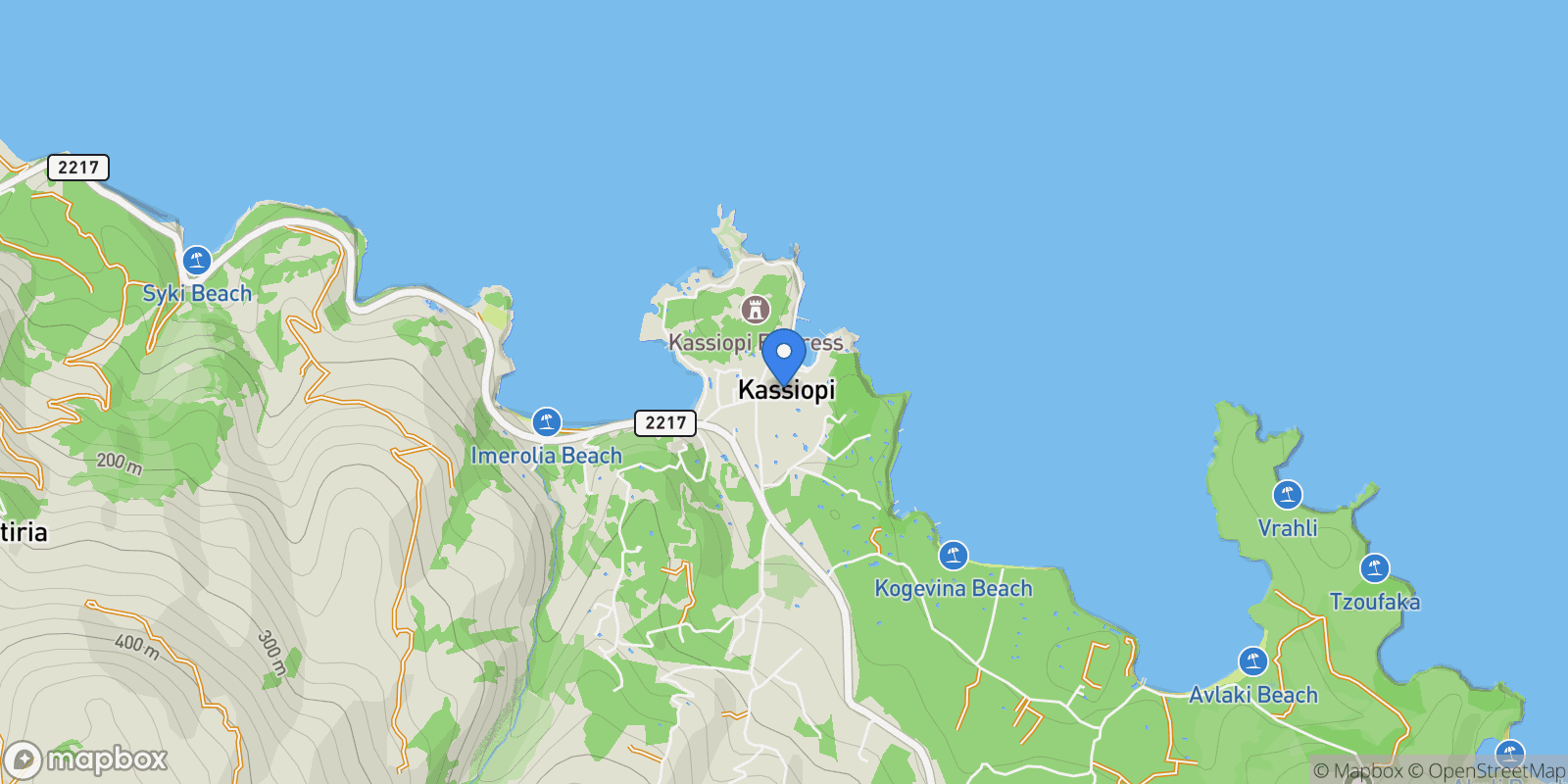 Map showing Kassiopi, Greece, Kassopaia, Peloponnese, Western Greece and the Ionian, Greece.