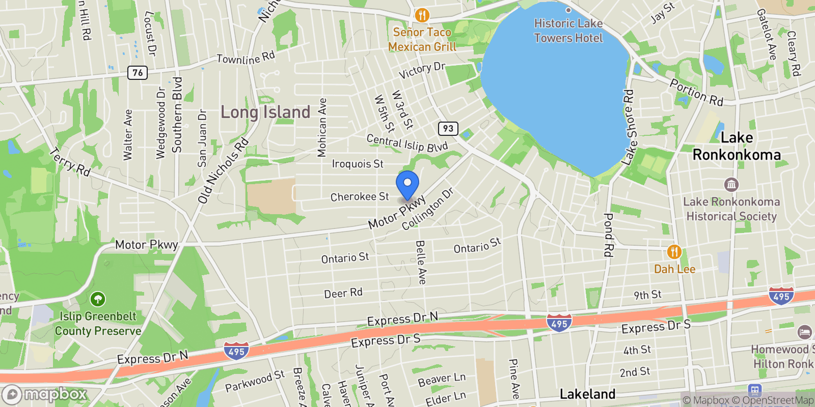 Map showing 299 Seminole St, Ronkonkoma, NY 11779, Lake Ronkonkoma, New York, United States.