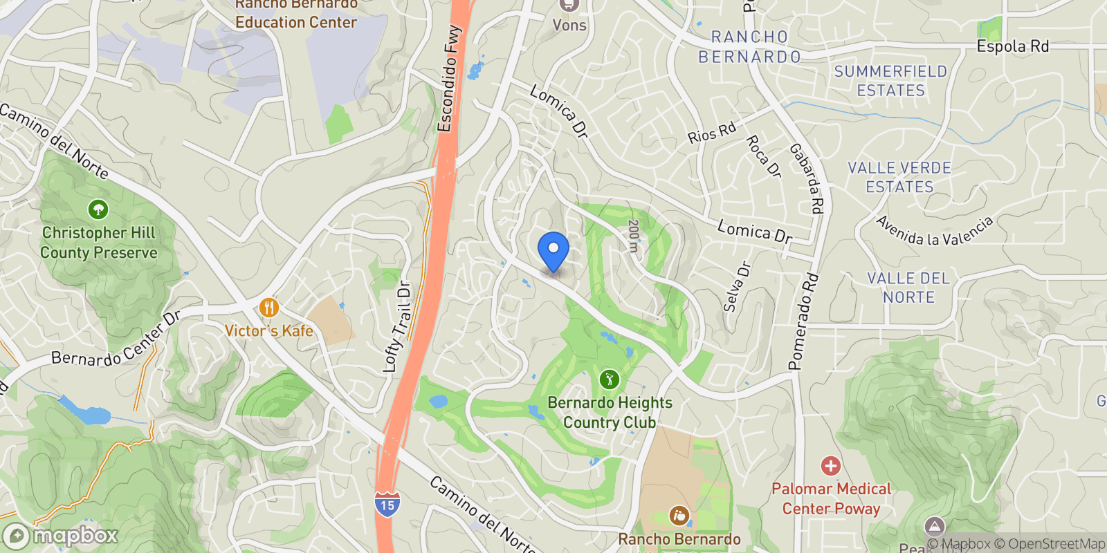 Map showing 16205 Via Embeleso, San Diego, California, United States.