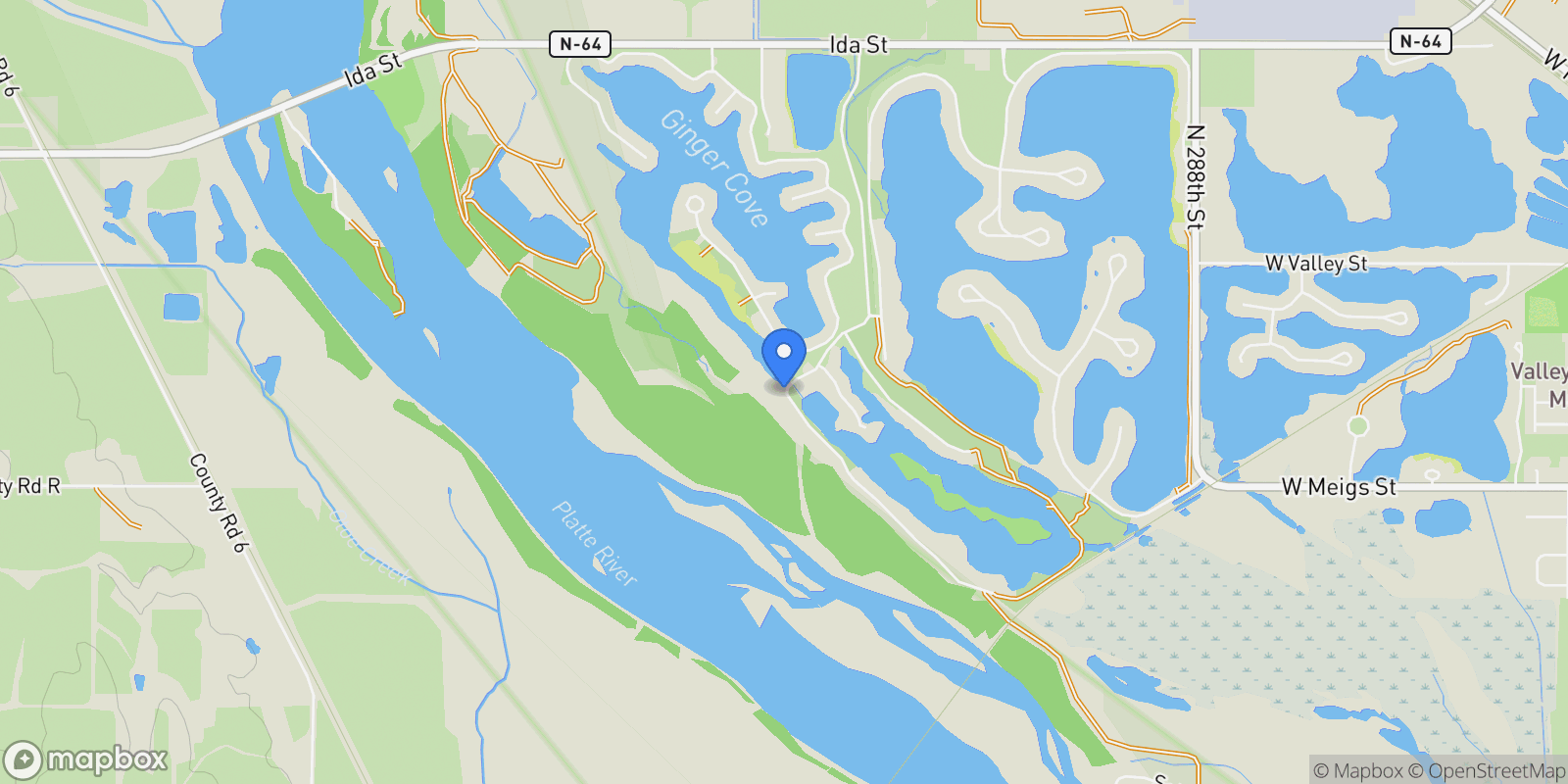 Map showing 47 Ginger Woods Road, Valley, NE 68064, Valley, Nebraska, United States.