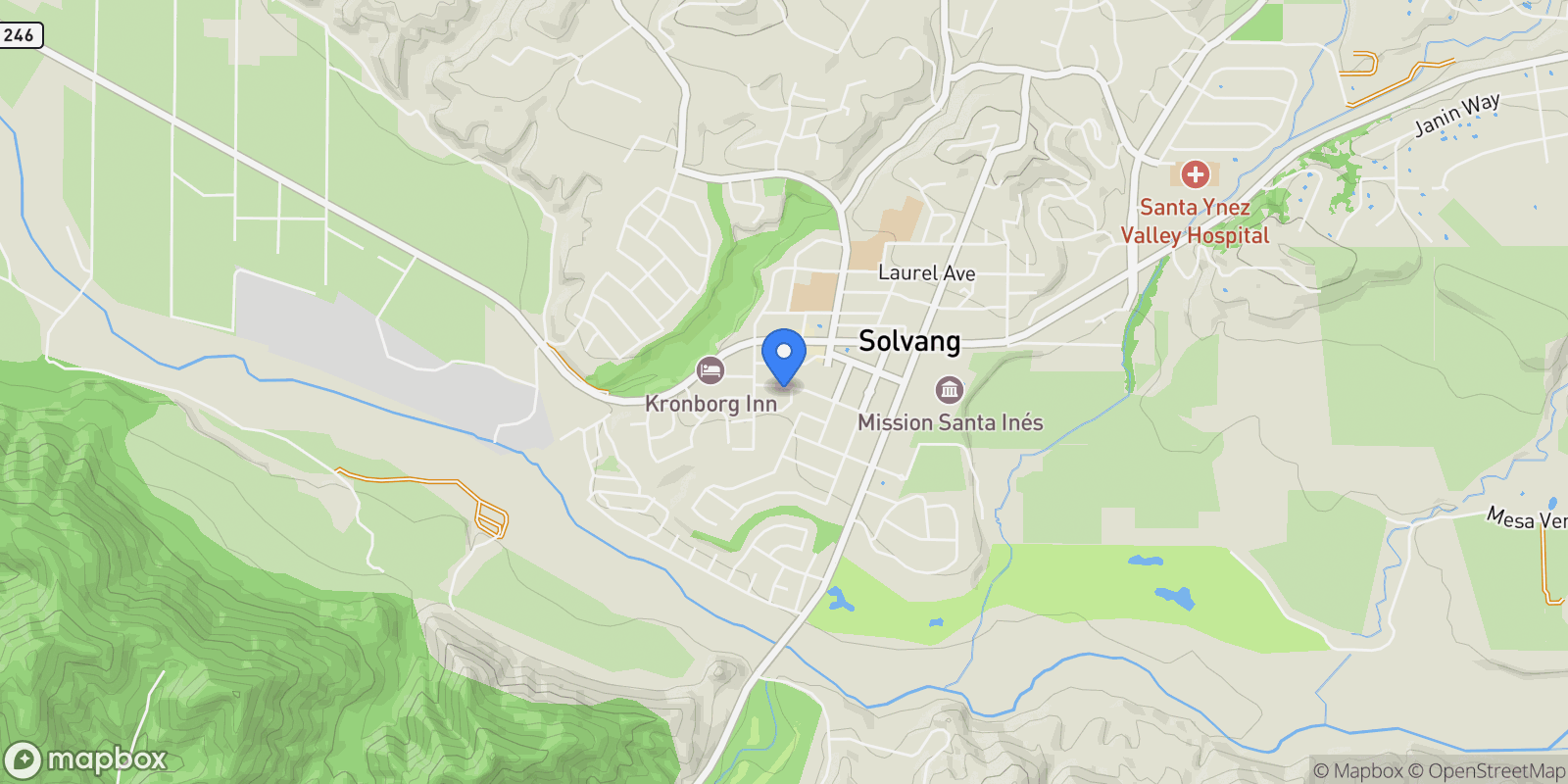 Map showing 1544-1546 Oak Street, Solvang, California, United States.