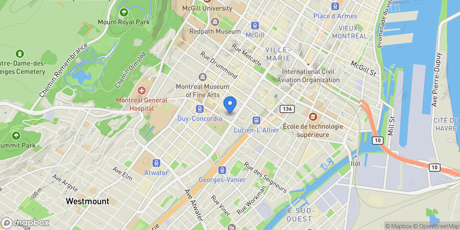Map showing 1190 Rue MacKay 1501, Montréal, Quebec, Canada.