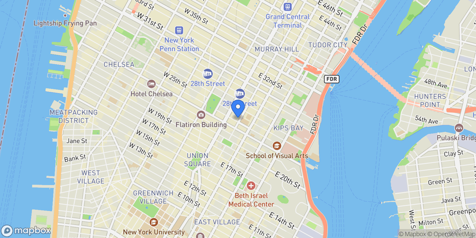 Map showing THE LEX, 50 LEXINGTON AVE, New York, New York, United States.