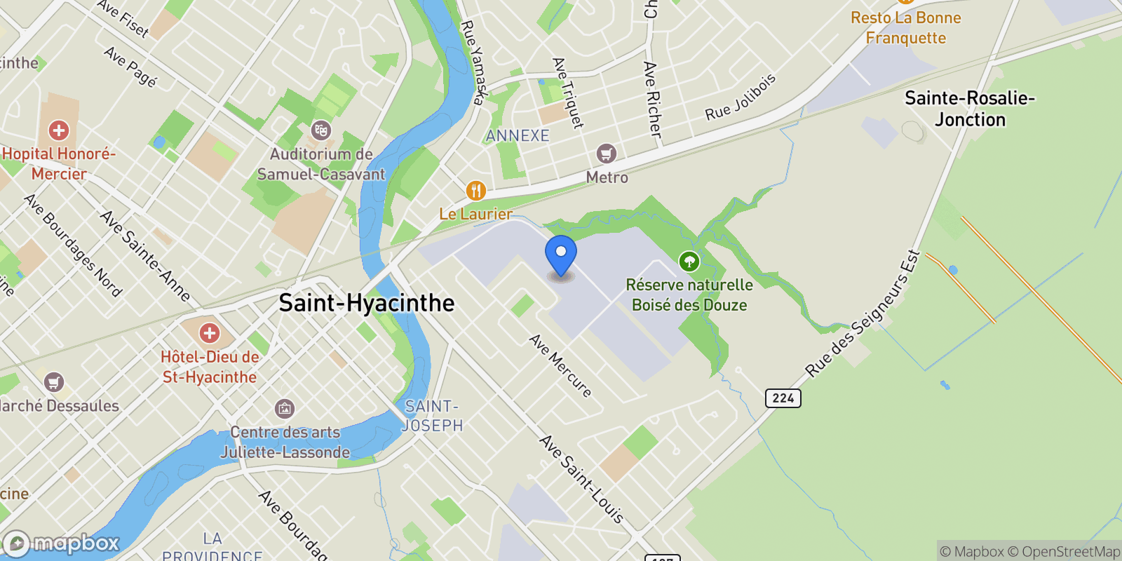 Map showing 1205 Rue Lemire, Saint-Hyacinthe, Quebec, Canada.
