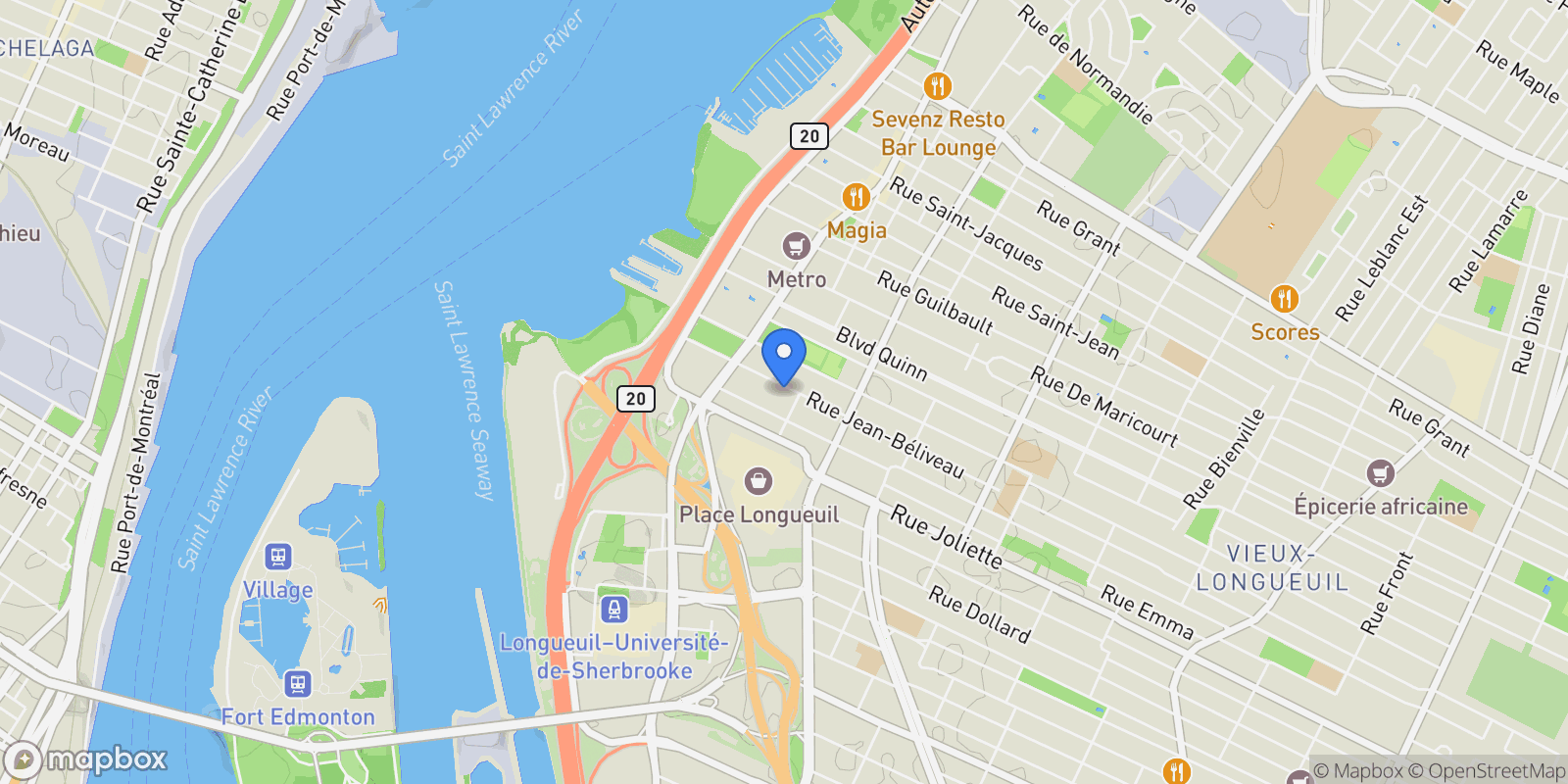 Map showing 220 Rue Jean-Béliveau, Longueuil, Quebec, Canada.