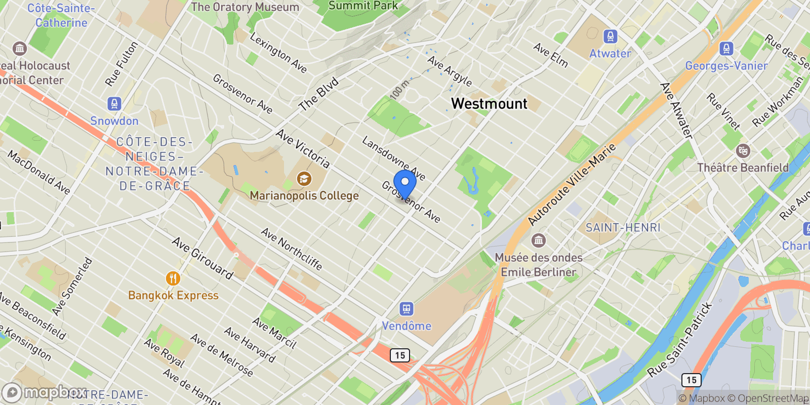 Map showing 418 Av. Grosvenor, Westmount, Quebec, Canada.
