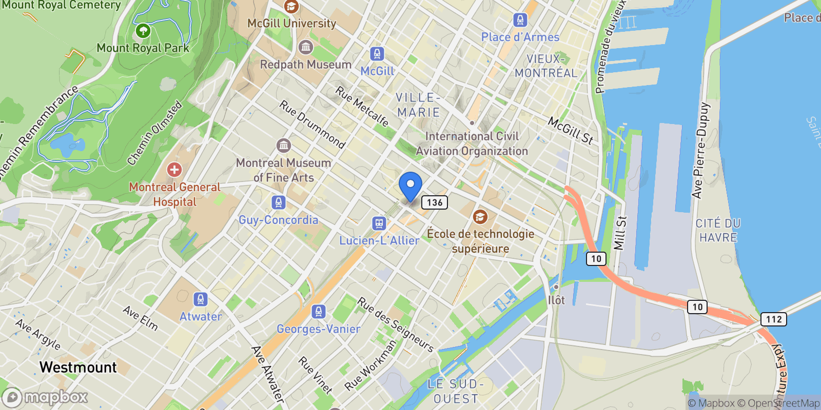Map showing 1288 Rue St-Antoine O. 5006, Montréal, Quebec, Canada.
