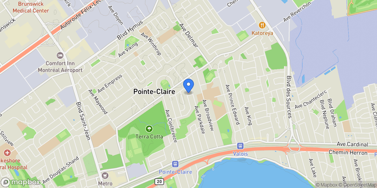 Map showing 1 Av. Wood 105, Pointe-Claire, Quebec, Canada.