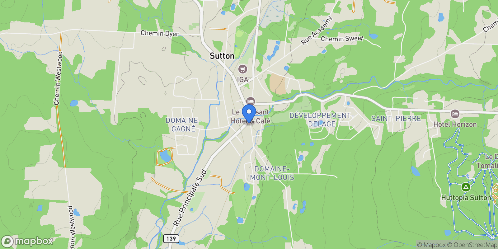 Map showing 30 Rue Principale S., Sutton, Quebec, Canada.