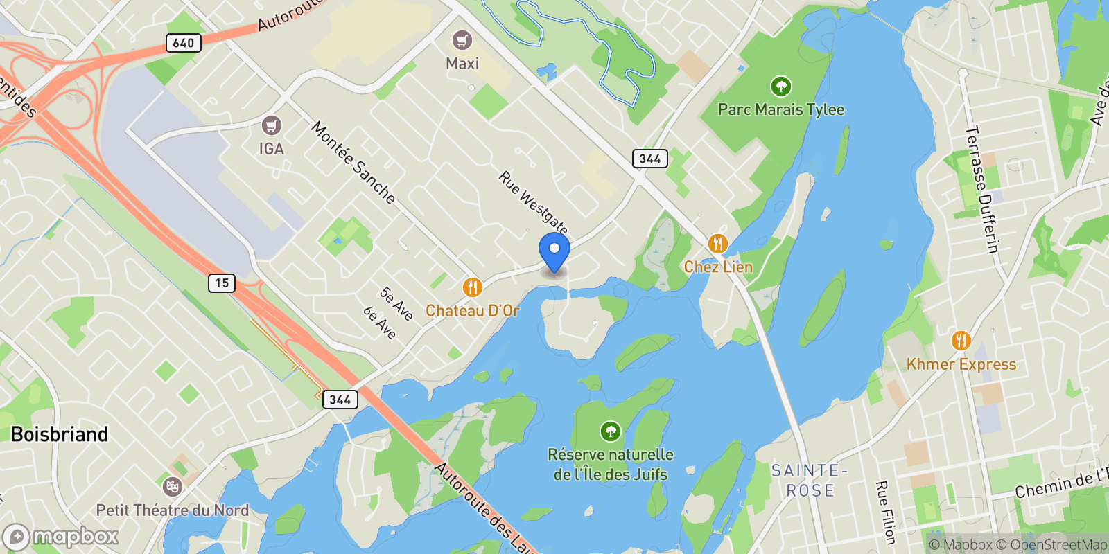 Map showing 136 Rue de l'Île-Ducharme, Rosemère, Quebec, Canada.