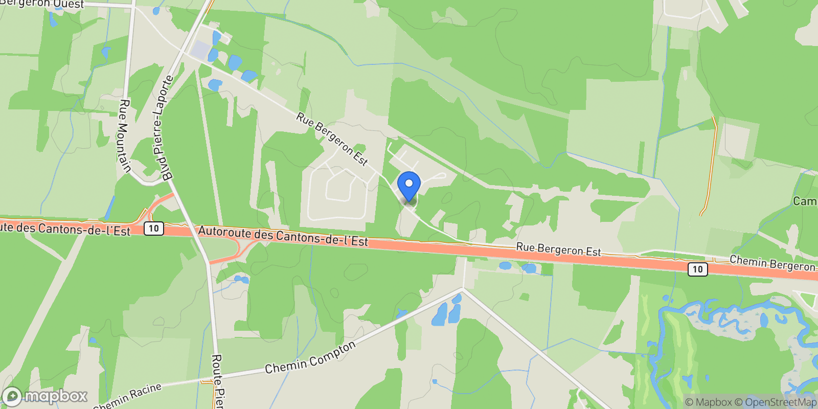 Map showing 303 Rue Bergeron E, Granby, Quebec, Canada.
