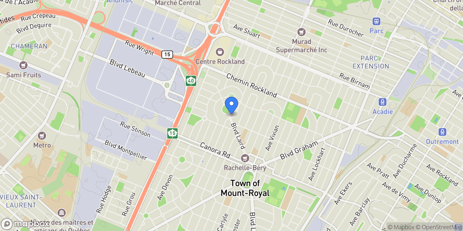 Map showing 1800 Boul. Laird, Mount Royal, Quebec, Canada.