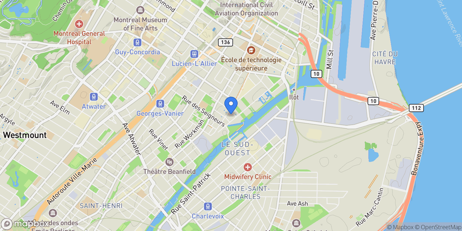 Map showing 288 Rue Richmond 151, Montréal, Quebec, Canada.