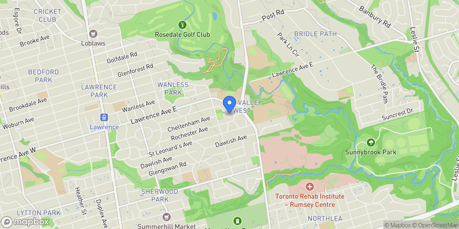 Map showing 33 Bayview Wood, Toronto, ON M4N 1R8, Toronto, Ontario, Canada.