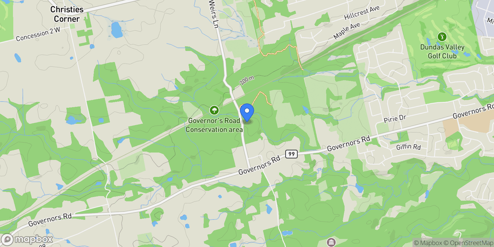 Map showing 66 Weirs Lane, Dundas, ON L9H 5E3, Hamilton, Ontario, Canada.