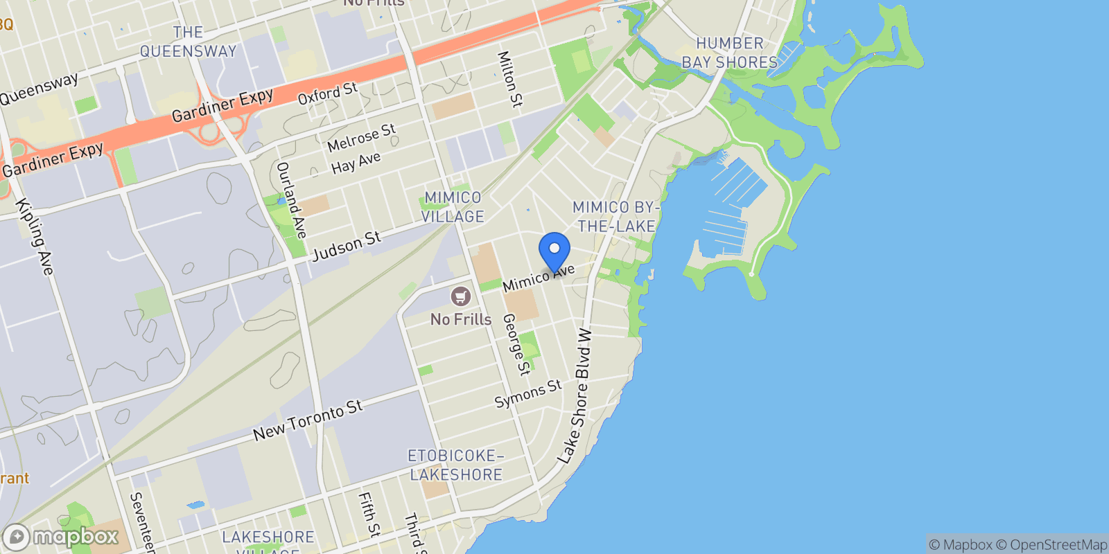 Map showing 55 Mimico Ave, Toronto, ON M8V 1R2, Toronto, Ontario, Canada.