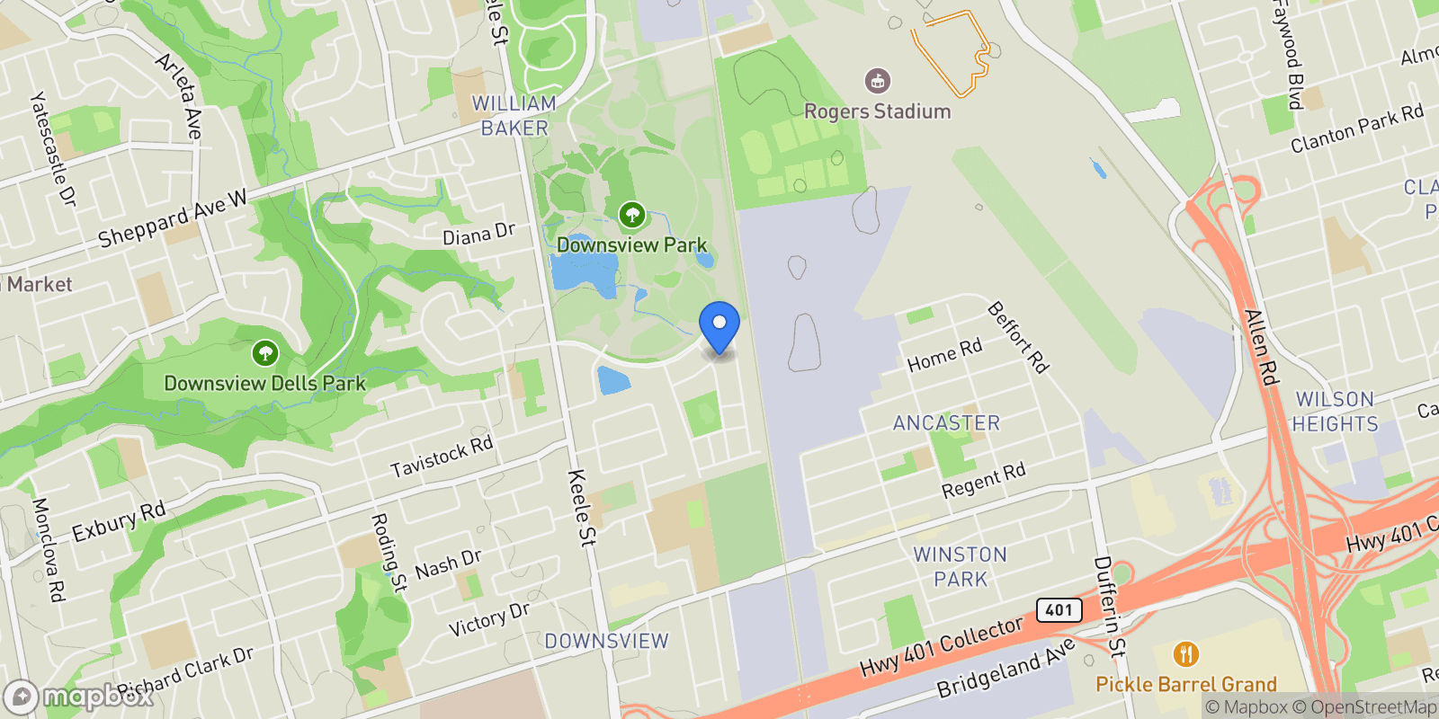 Map showing 27 Thomas Mulholland Dr, Toronto, ON M3K 0A8, Toronto, Ontario, Canada.