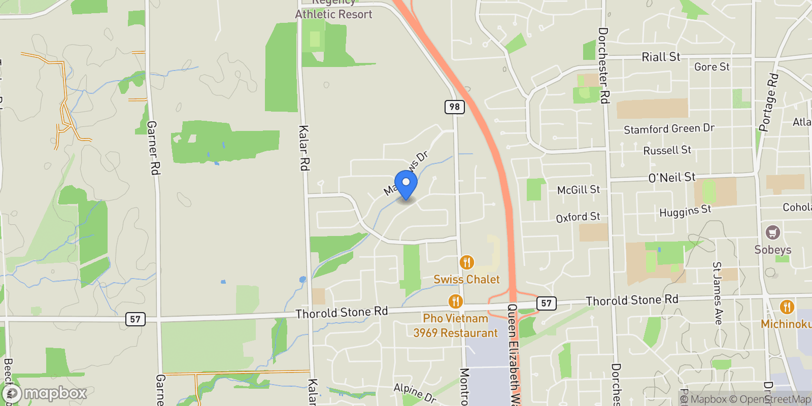 Map showing 3535 Cardinal Dr, Niagara Falls, ON L2H 2Y1, Niagara Falls, Ontario, Canada.