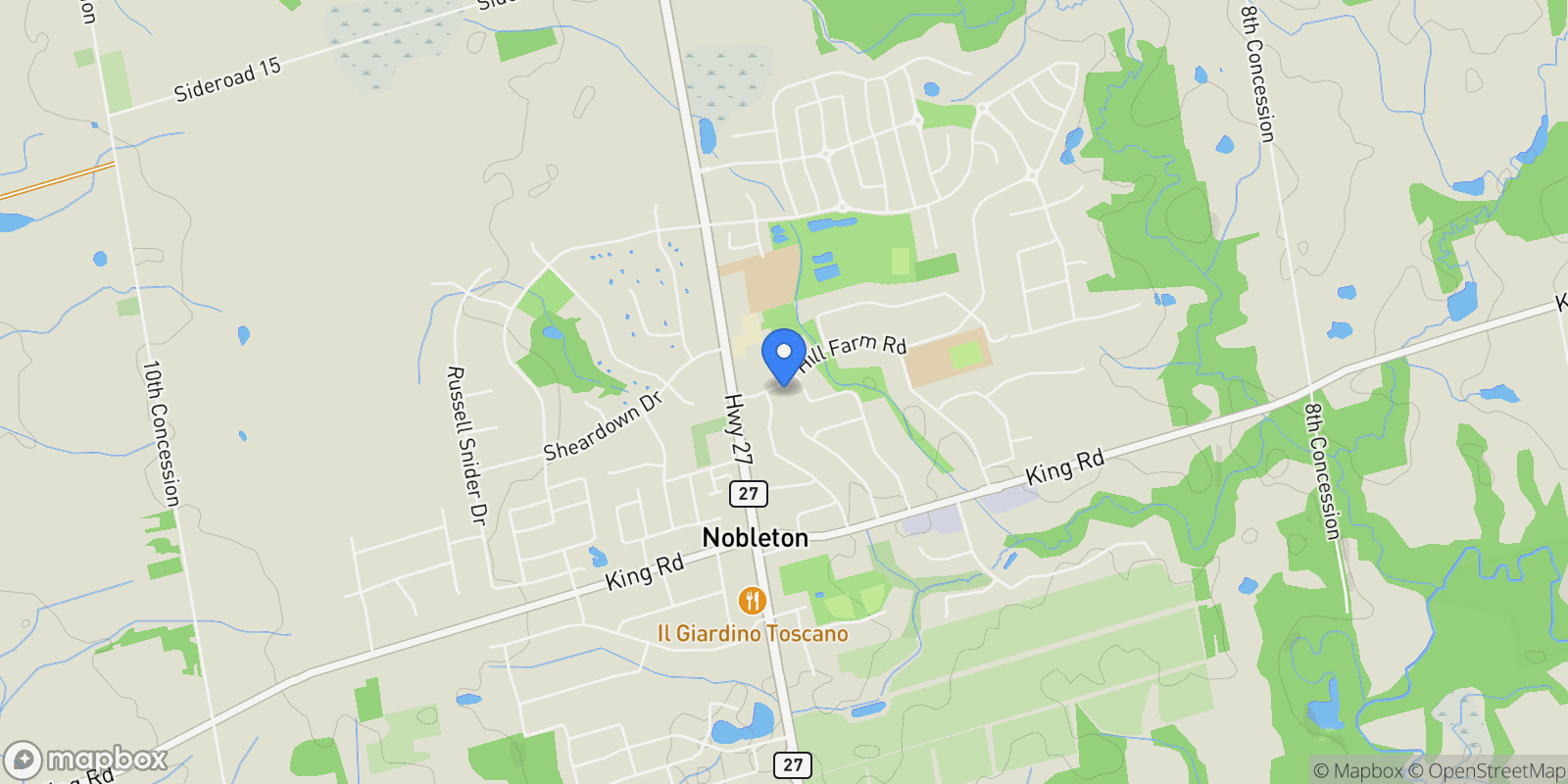 Map showing 23 Hill Farm Rd, King, ON L0G 1N0, Nobleton, Ontario, Canada.