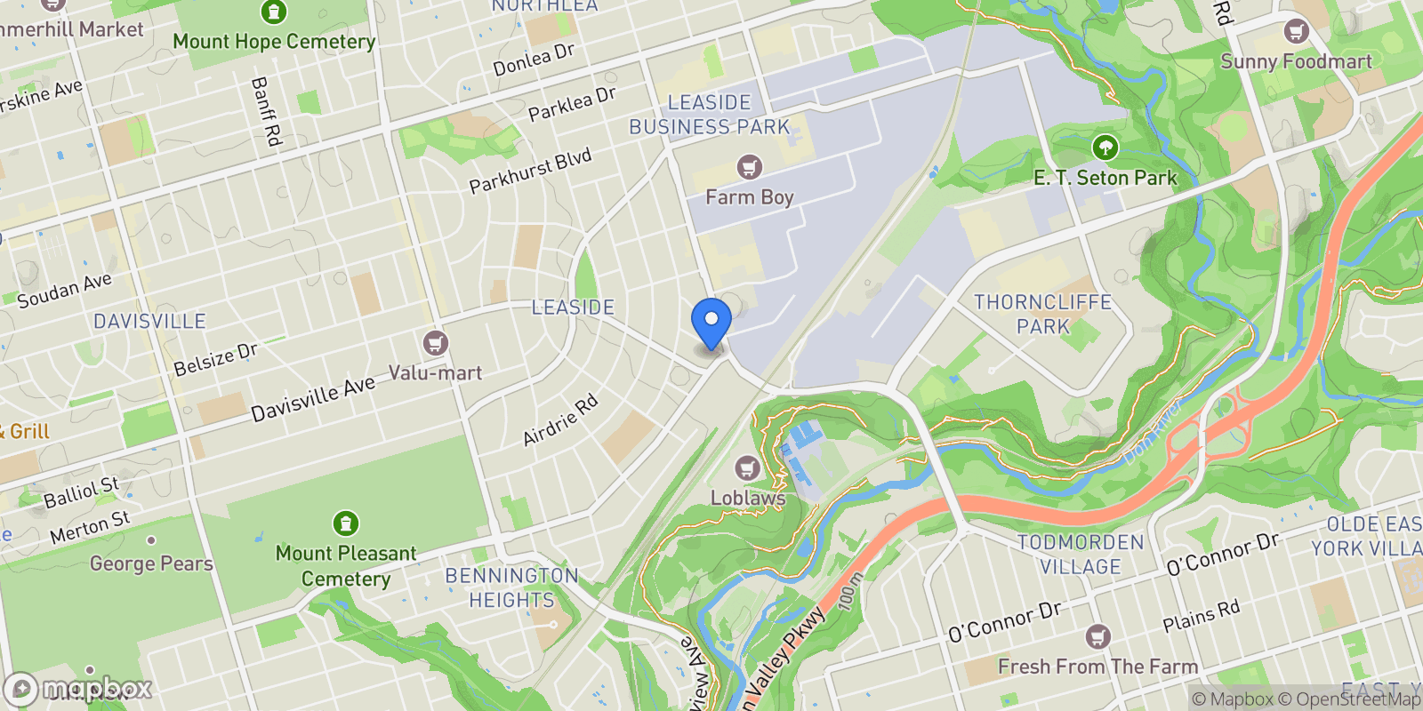 Map showing 25 Malcolm Rd TH105, Toronto, ON M4G 0C1, Toronto, Ontario, Canada.