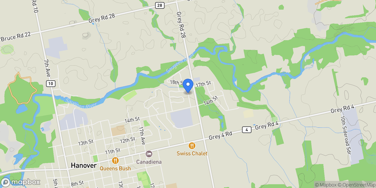 Map showing 553291 Grey 23 Rd, West Grey, ON N0C 1K0, Hanover, Ontario, Canada.