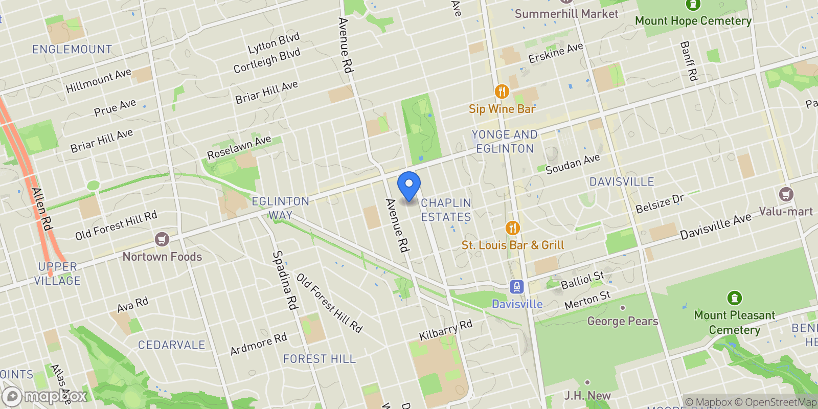Map showing 147 Highbourne Rd, Toronto, ON M5P 2J8, Toronto, Ontario, Canada.