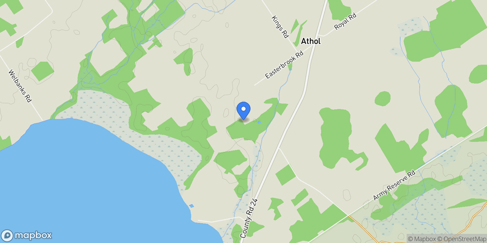 Map showing 220 Easterbrook Rd S, Prince Edward County, ON K0K 2P0, Prince Edward, Ontario, Canada.