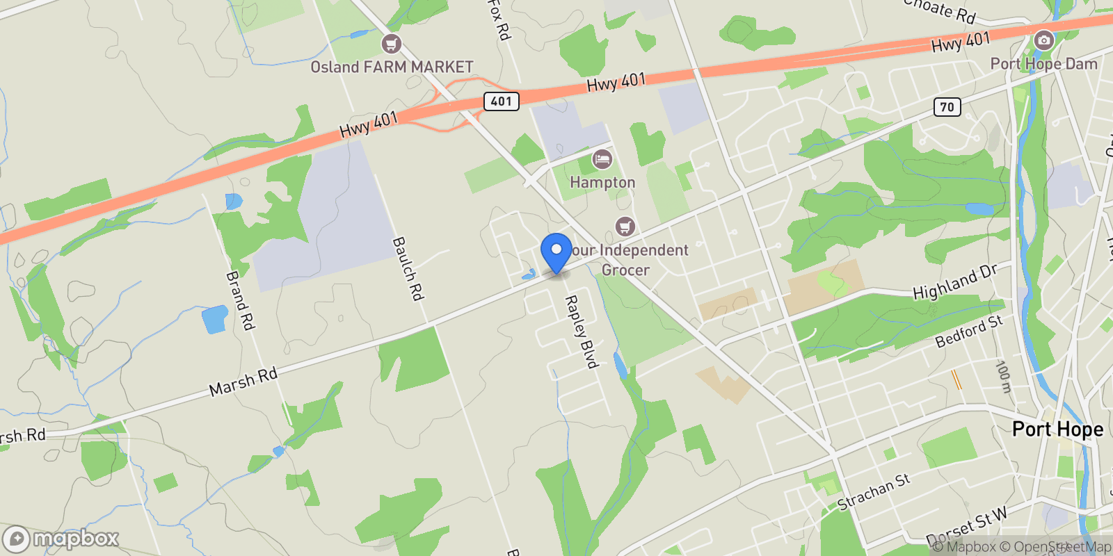 Map showing 2 Rapley Blvd, Port Hope, ON L1A 4J7, Port Hope, Ontario, Canada.