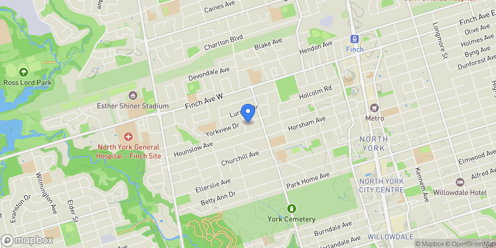 Map showing 71 Yorkview Dr, Toronto, ON M2R 1J7, Toronto, Ontario, Canada.