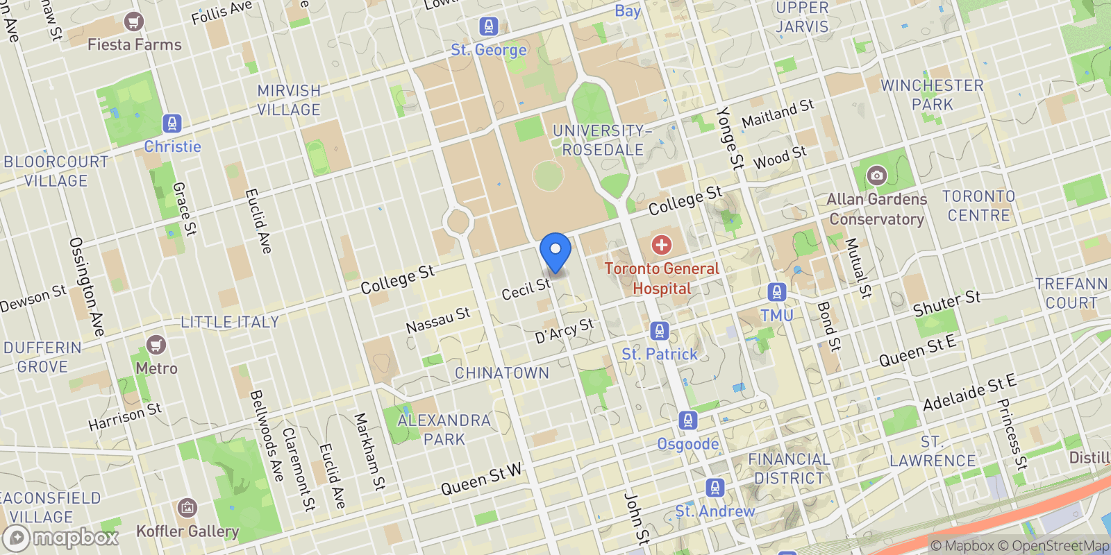 Map showing 8A Cecil St, Toronto, ON M5T 3B1, Toronto, Ontario, Canada.