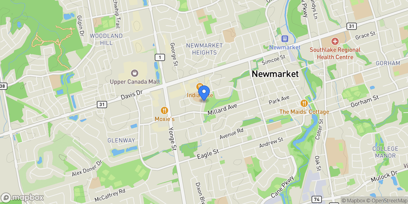 Map showing 118 Queen St, Newmarket, ON L3Y 2E8, Newmarket, Ontario, Canada.