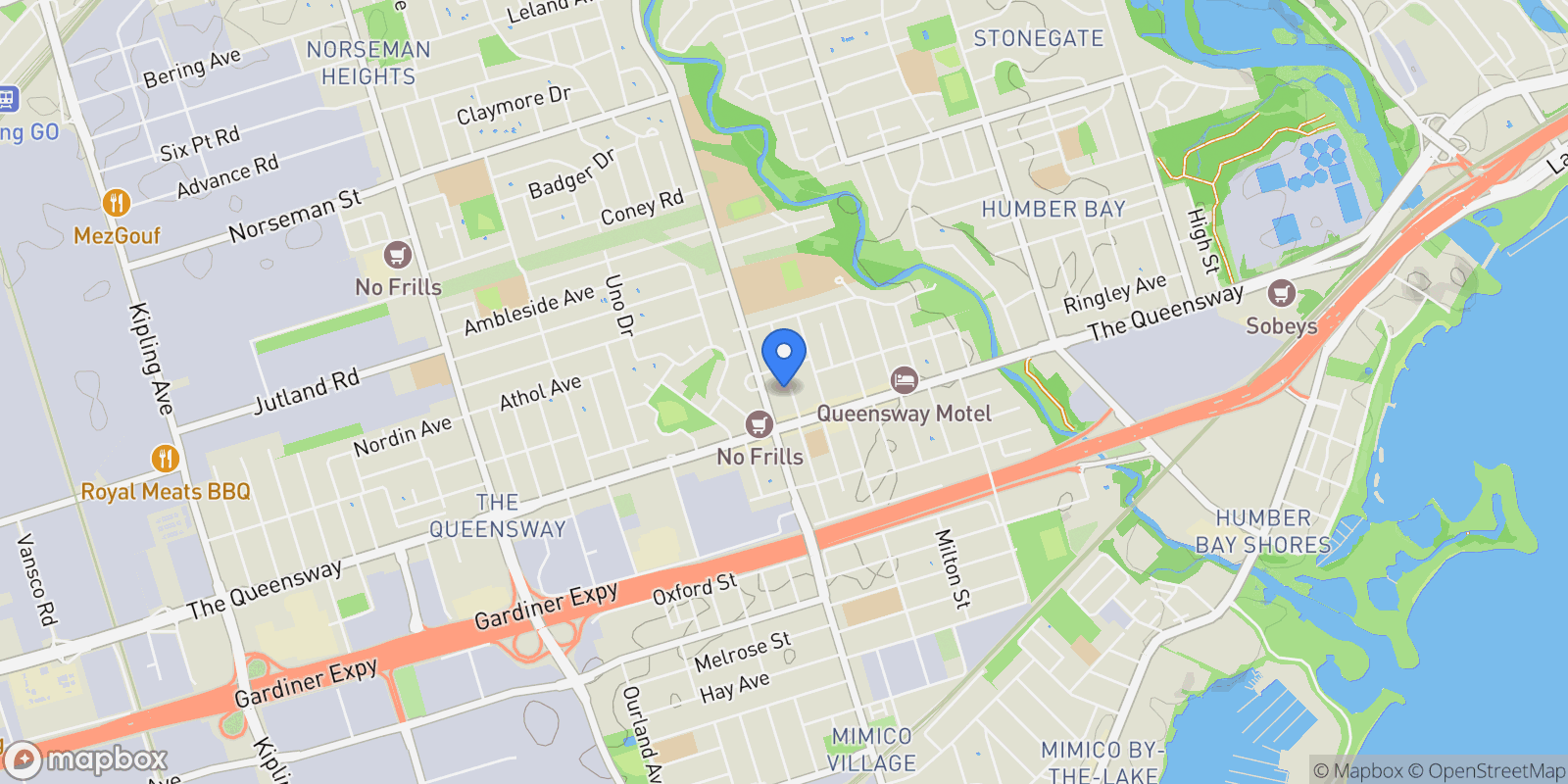 Map showing 36 Rosemeade Ave, Toronto, ON M8Y 3A3, Toronto, Ontario, Canada.