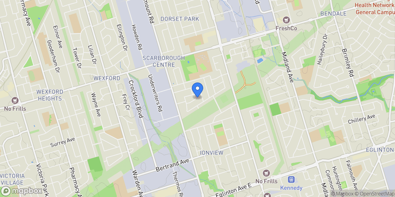Map showing 21 Tripp Cres, Toronto, ON M1P 1B4, Toronto, Ontario, Canada.