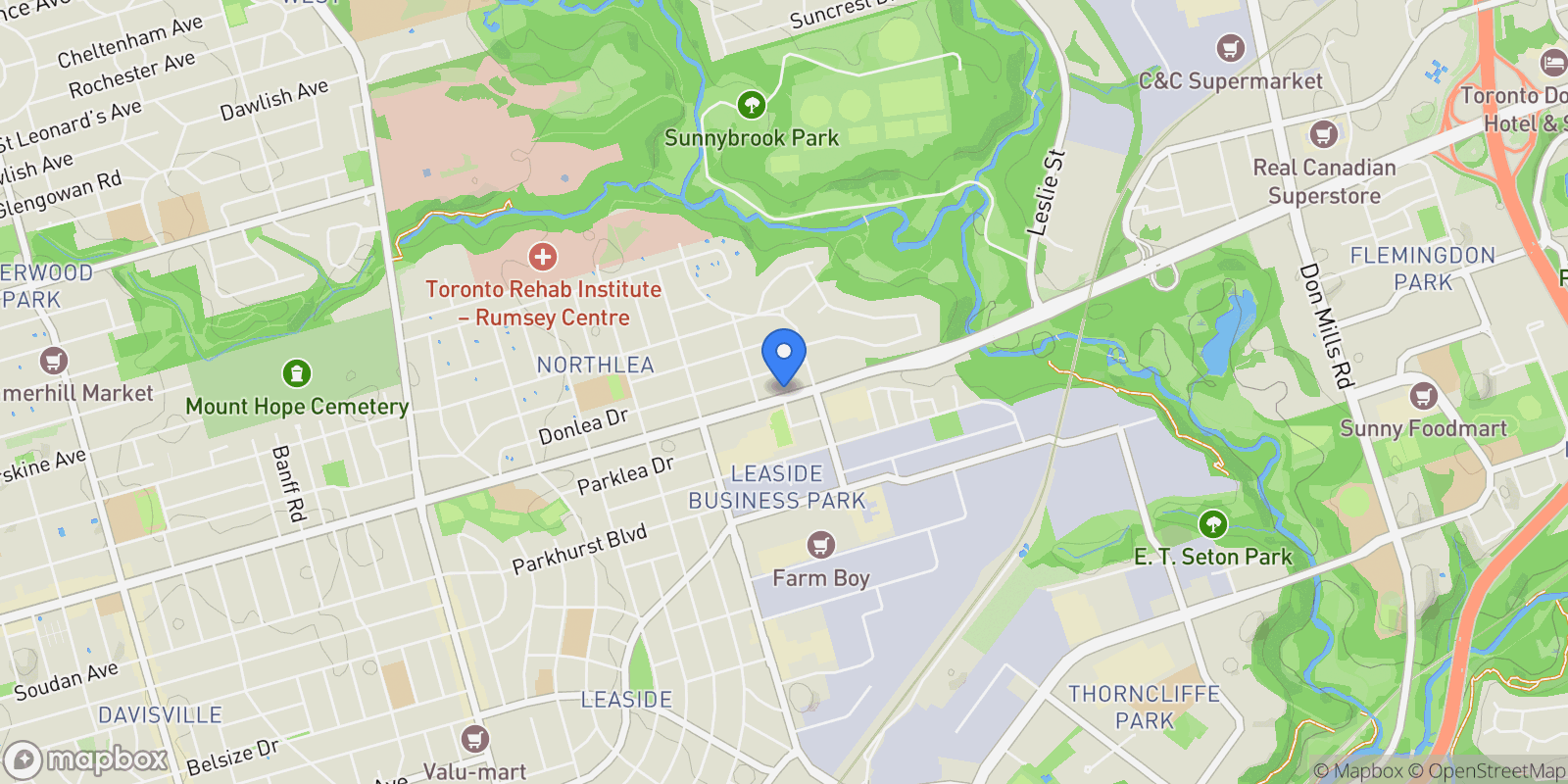 Map showing 930 Eglinton Ave E, Toronto, ON M4G 2L3, Toronto, Ontario, Canada.