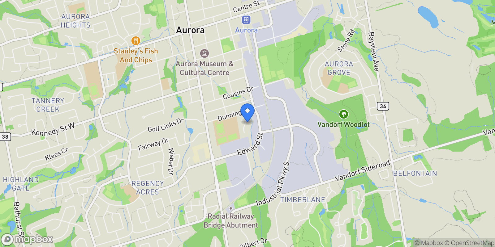 Map showing 15 Wenderly Dr, Aurora, ON L4G 1V2, Aurora, Ontario, Canada.