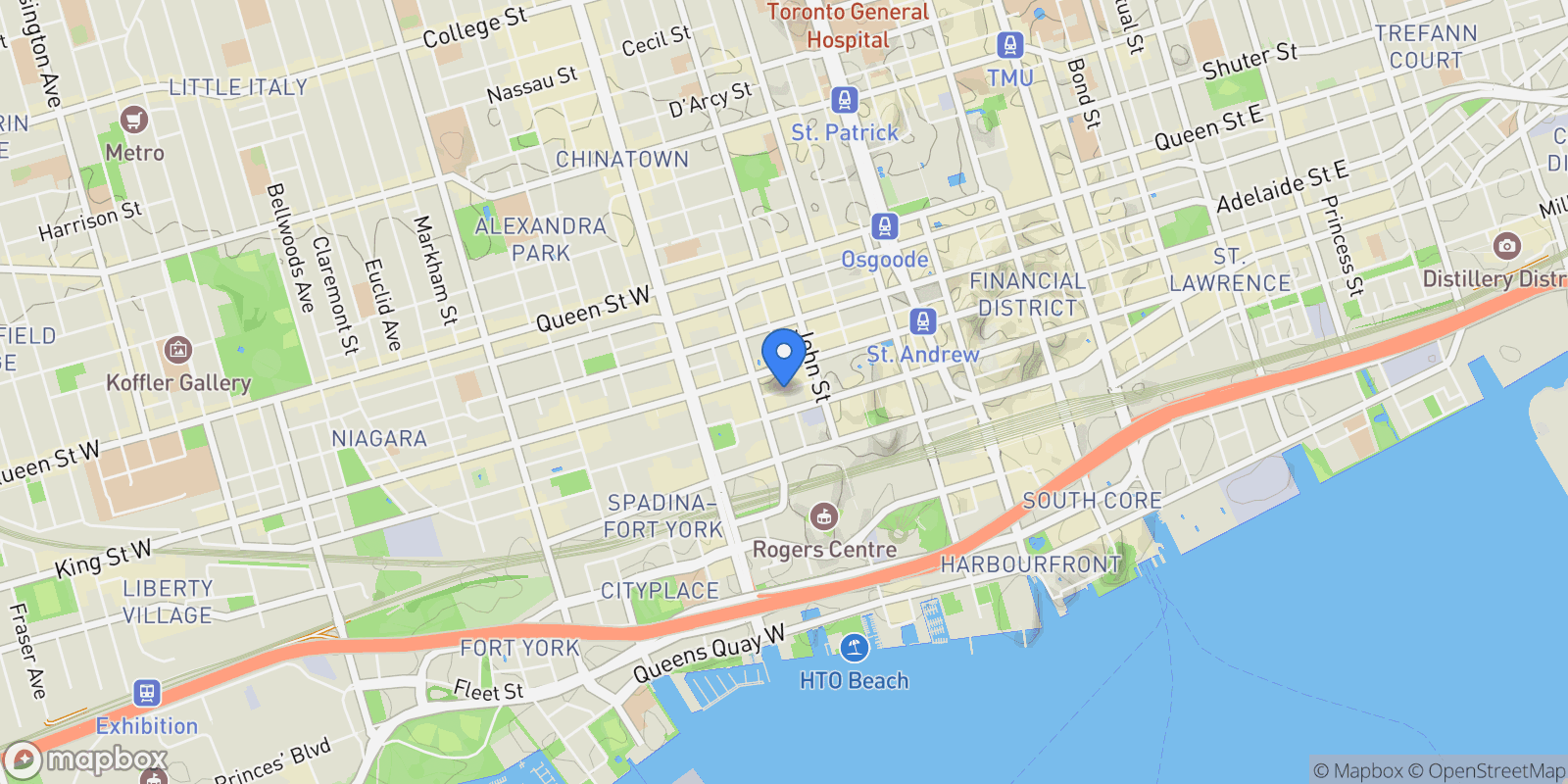 Map showing 35 Mercer St  2913, Toronto, ON M5V 1H2, Toronto, Ontario, Canada.