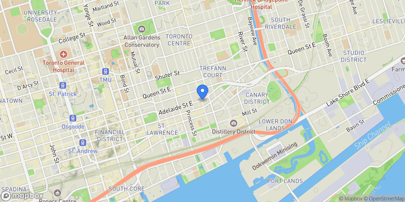 Map showing 79 Berkeley St, Toronto, ON M5A 2W5, Toronto, Ontario, Canada.