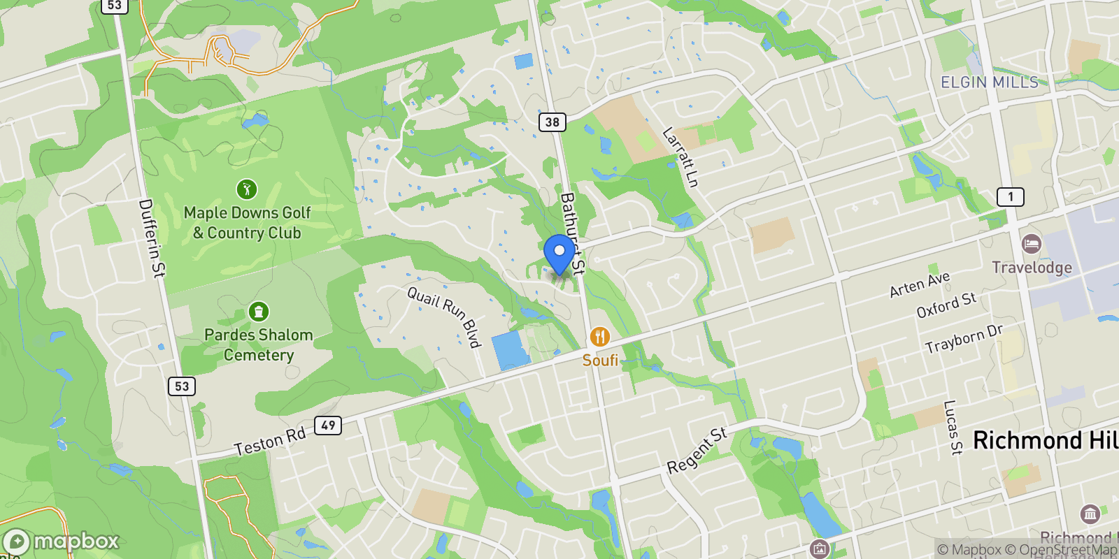 Map showing 43 Woodland Acres Cres, Vaughan, ON L6A 1G1, Vaughan, Ontario, Canada.