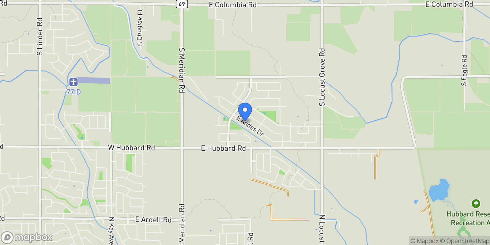 Map showing 1469 E Andes Dr, Kuna, ID 83634, Meridian, Idaho, United States.