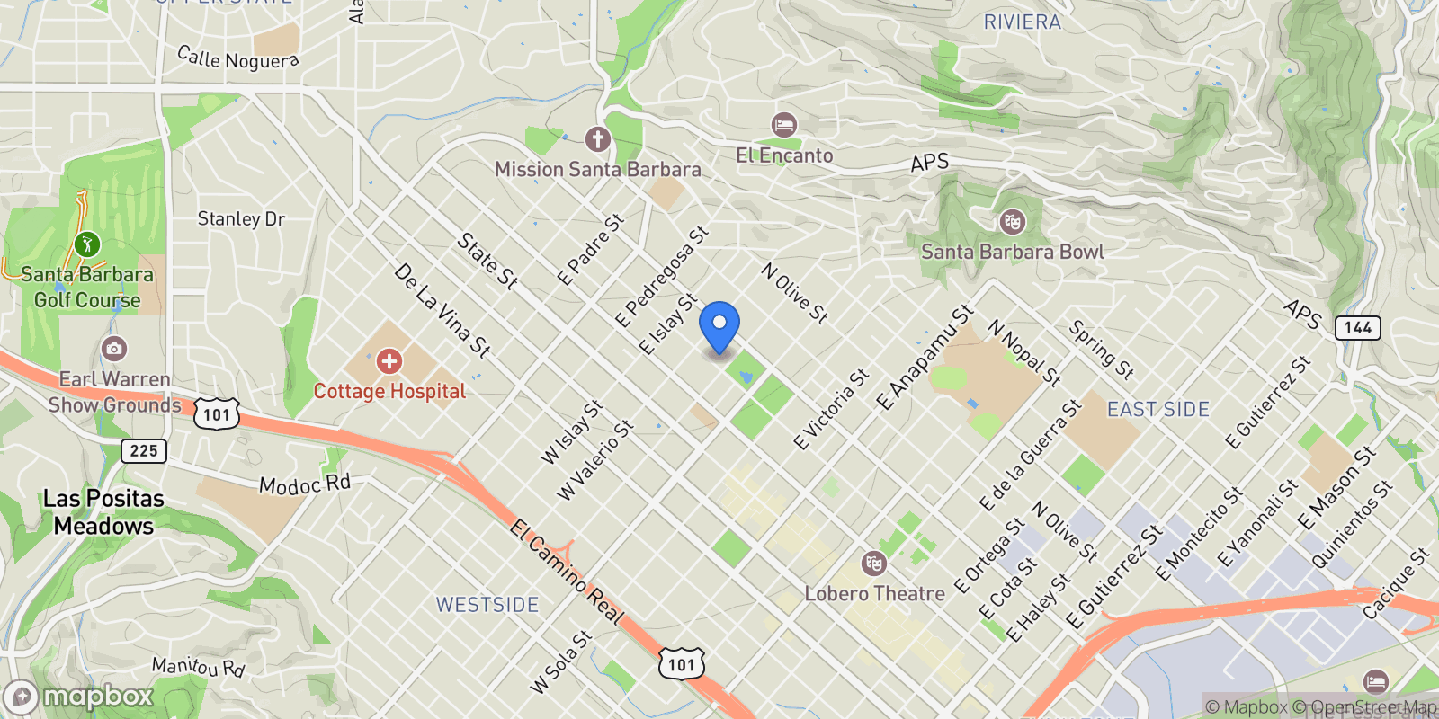 Map showing 1600 Santa Barbara Street, Santa Barbara, California, United States.