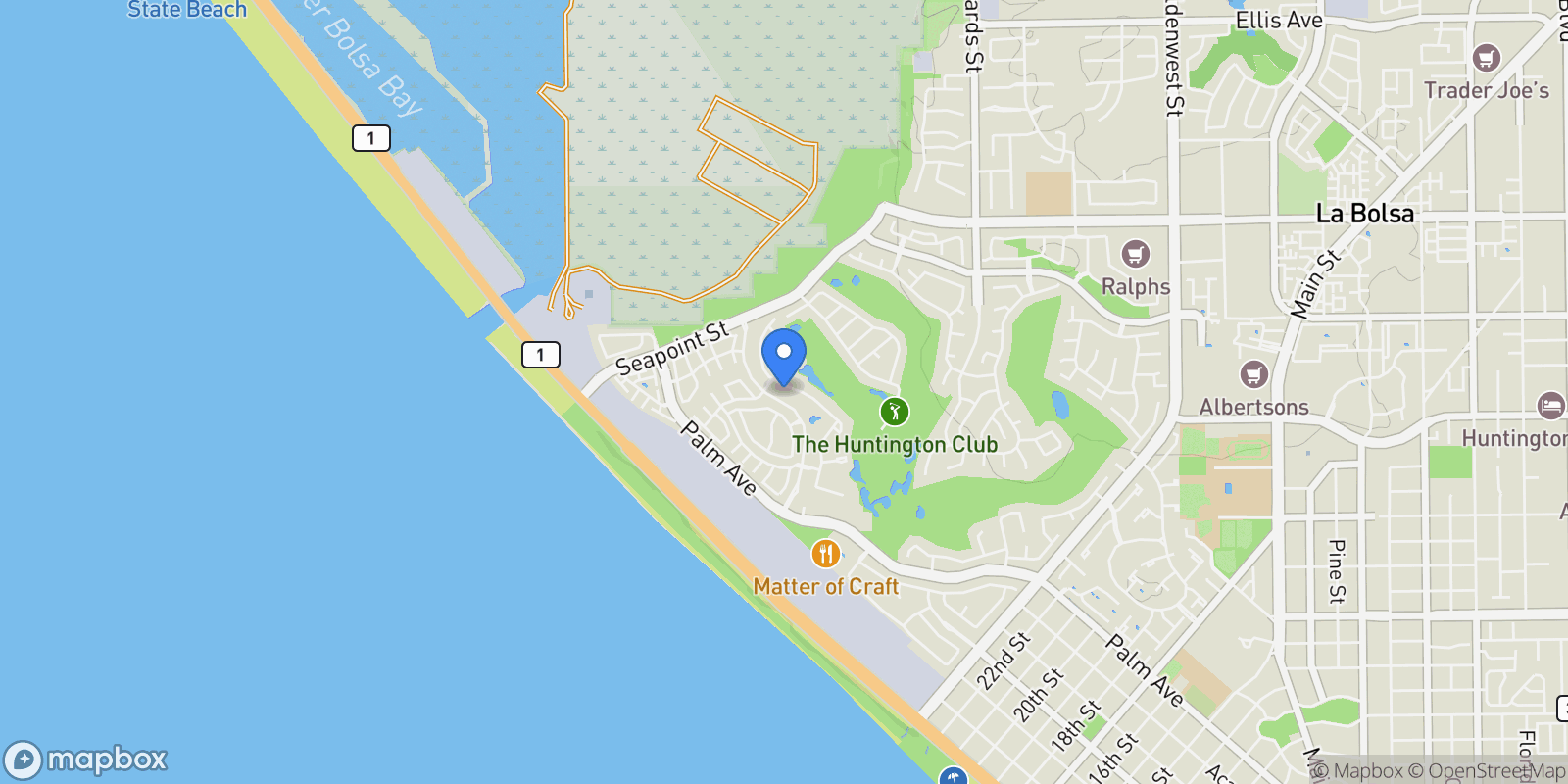 Map showing 19371 Woodlands, Huntington Beach, CA 92648, Huntington Beach, California, United States.